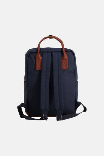 Blauwe rugzak van ACCESSORIES BY JACK & JONES, met bruin handvat en banden, gezien van achteren.