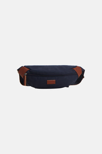 Blauwe schoudertas van ACCESSORIES BY JACK & JONES, met bruine accenten en een subtiele merkbadge.