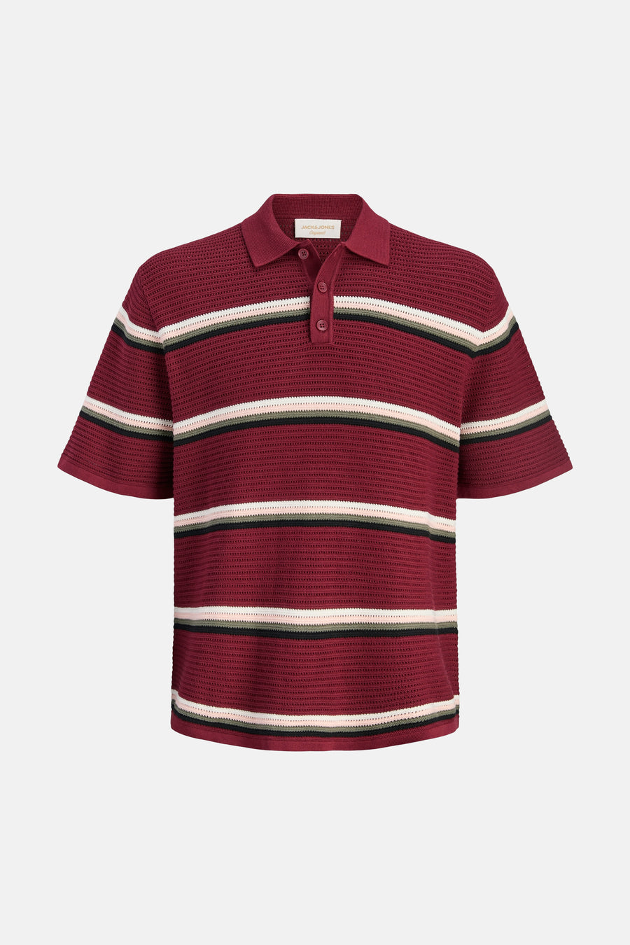 Polo rouge à manches courtes de ORIGINALS BY JACK & JONES, avec des motifs rayés et une texture tricotée.