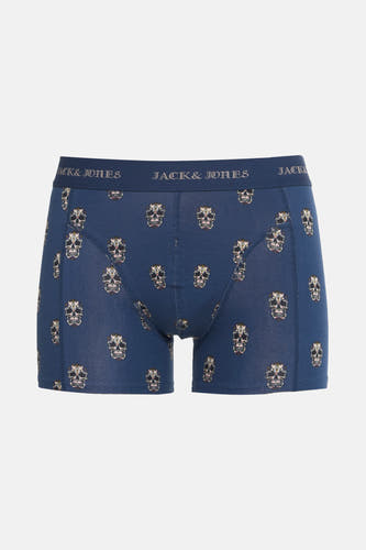 Blauwe boxershort van Jack & Jones met een print van doodskoppen.
