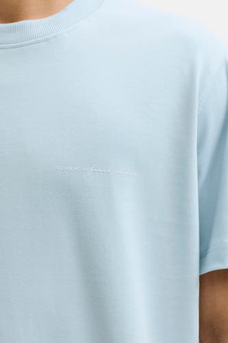 Blauw T-shirt met korte mouwen van PREMIUM by JACK & JONES, met een subtiele tekstprint.
