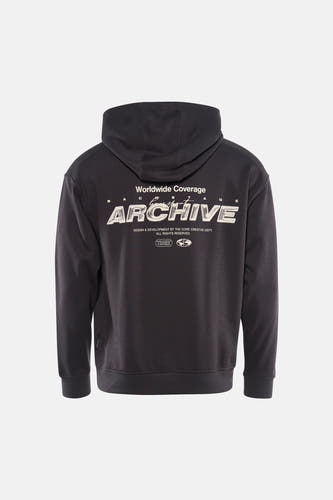 Grijze sweater met kap van CORE by JACK & JONES, met 'Archive' op de rug gedrukt.