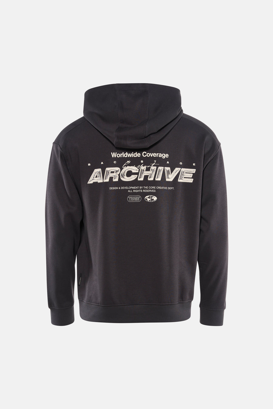 Grijze sweater met kap van CORE by JACK & JONES, met 'Archive' op de rug gedrukt.