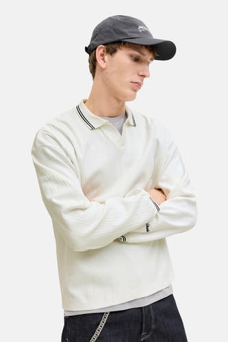 Witte sweater van ORIGINALS BY JACK & JONES, met lange mouwen, polokraag met strepen en een verticale streeptextuur.