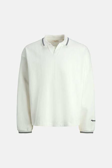 Pull blanc de ORIGINALS BY JACK & JONES, à manches longues, col polo et texture côtelée verticale.