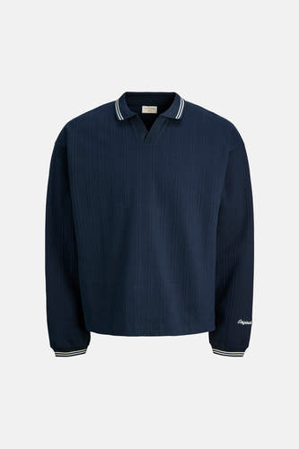 Blauwe sweater van ORIGINALS BY JACK & JONES, met verticale streeptextuur, polokraag met witte biezen en logo op de mouw.