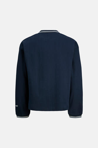 Blauwe sweater met ronde hals van ORIGINALS BY JACK & JONES, met ribstructuur en gestreepte boorden, achterkant.