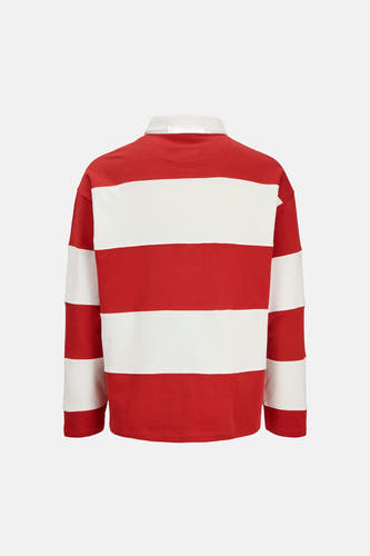 Pull rouge à col rond de ORIGINALS BY JACK & JONES, avec des rayures horizontales blanches et des manches longues.