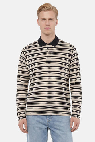 Polo rayée à manches longues en noir et beige de ORIGINALS BY JACK & JONES, avec un col noir, des boutons et portée avec un jean bleu clair.