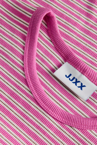 Roze T-shirt met korte mouwen van JJXX, met horizontale roze en witte strepen.