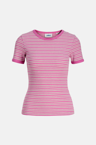 Roze T-shirt met korte mouwen van JJXX, met een gestreept patroon en ribstof textuur.