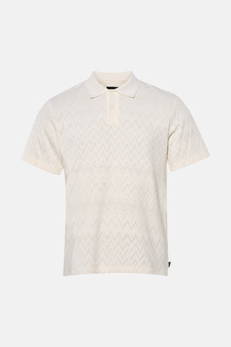 Polo écru de PREMIUM by JACK & JONES, tricotée avec un motif zigzag ajouré et une fermeture à boutons.