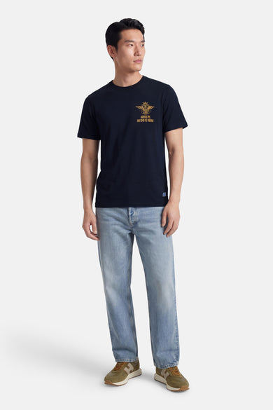 Blauw T-shirt van PREMIUM BLUE by JACK & JONES, met korte mouwen en een opdruk op de borst.
