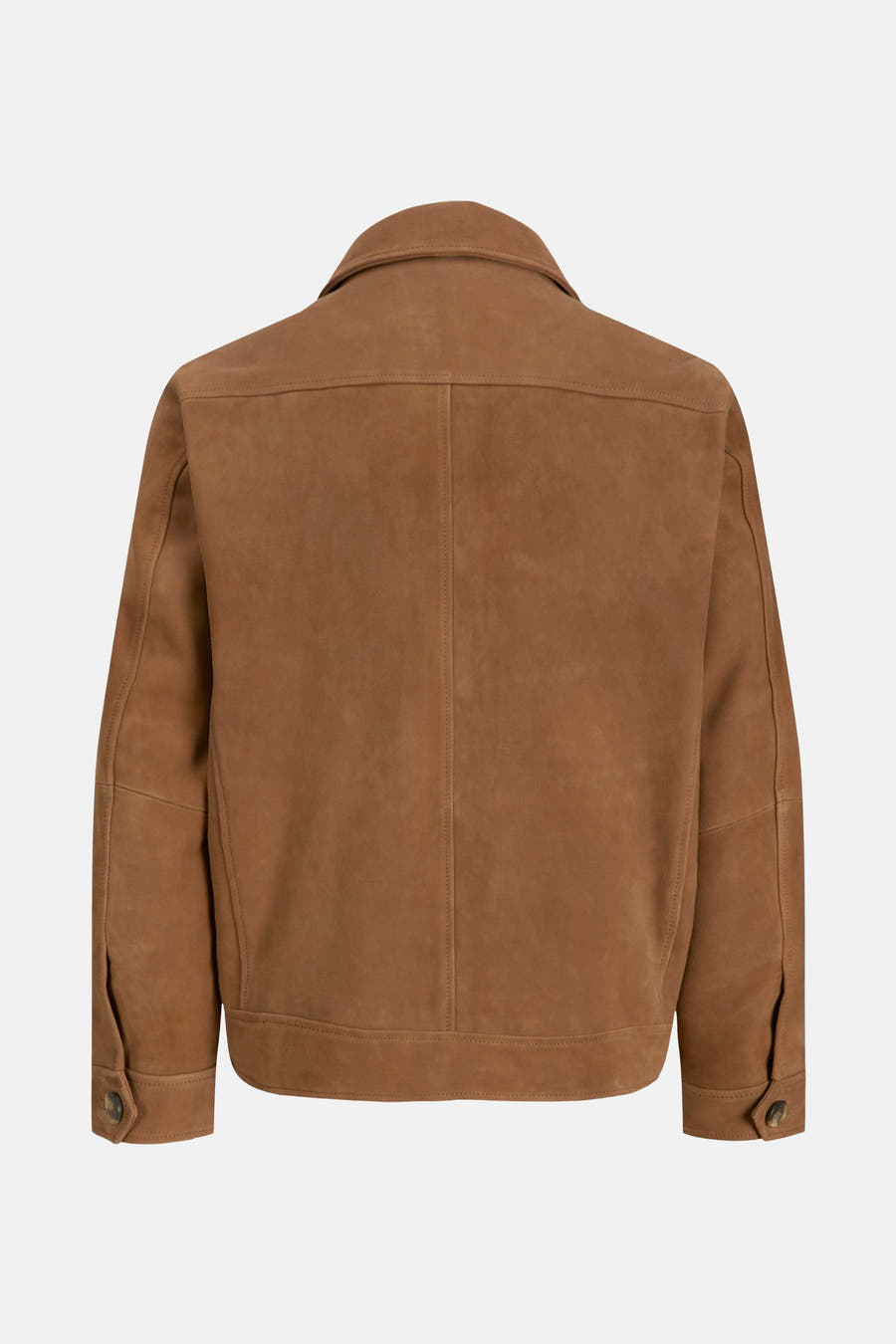 Bruine korte jas van PREMIUM by JACK & JONES, met een suède textuur en knoopdetails, achterkant.
