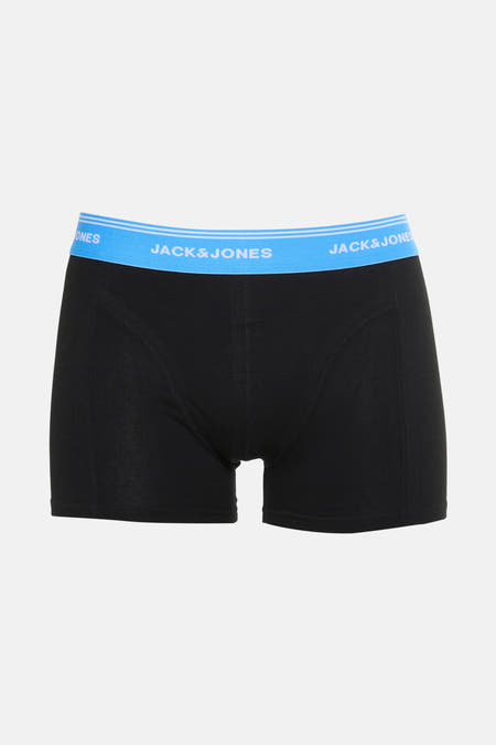 Zwarte boxershort van Accessories by Jack & Jones met een blauwe elastische band met witte strepen.
