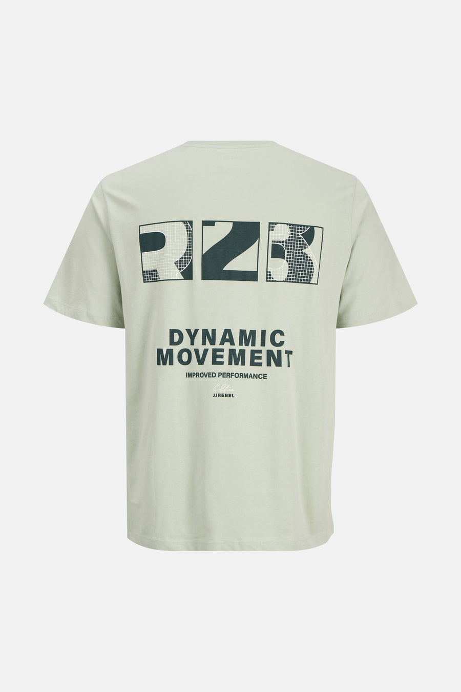 T-shirt vert clair de JJREBEL avec un imprimé 'R23' et 'DYNAMIC MOVEMENT' vert foncé au dos.