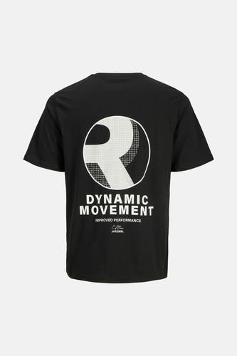 T-shirt noir de JJREBEL avec grand imprimé rond blanc au dos, motif en grille et les textes "DYNAMIC MOVEMENT", "IMPROVED PERFORMANCE", "Edition" et "JJREBEL".