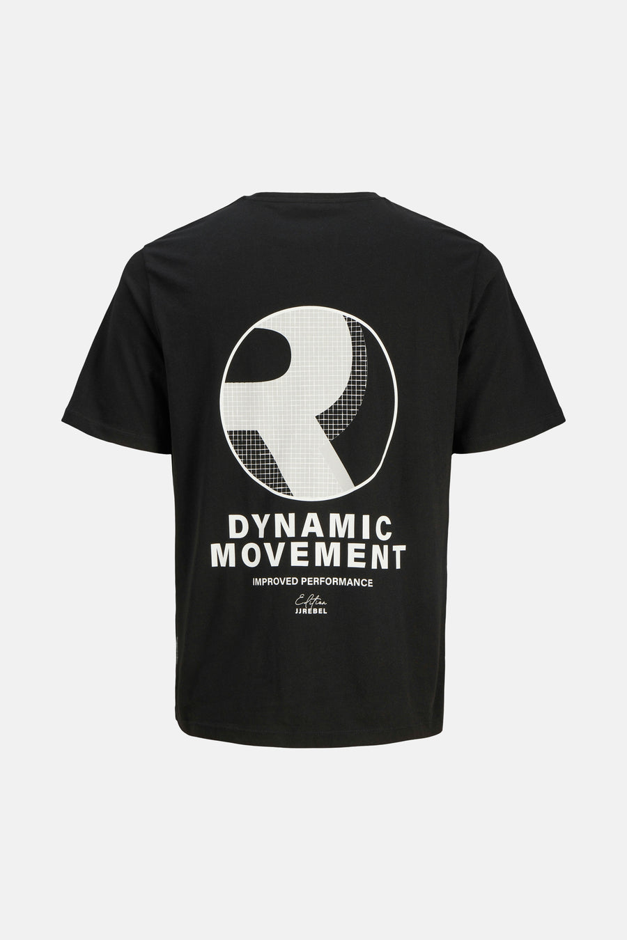 T-shirt noir de JJREBEL avec grand imprimé rond blanc au dos, motif en grille et les textes "DYNAMIC MOVEMENT", "IMPROVED PERFORMANCE", "Edition" et "JJREBEL".