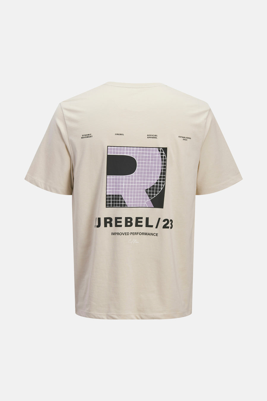 T-shirt beige de JJREBEL avec grand imprimé R violet et noir au dos, incluant des détails textuels.