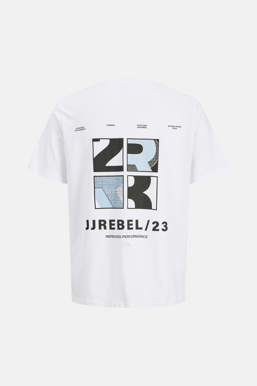 T-shirt blanc JJREBEL avec un imprimé graphique audacieux dans le dos en noir et bleu clair.