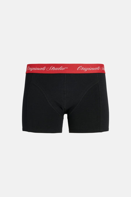 Zwarte boxershort van ACCESSORIES BY JACK & JONES met rode tailleband en witte tekst 'Originals Studio™'.