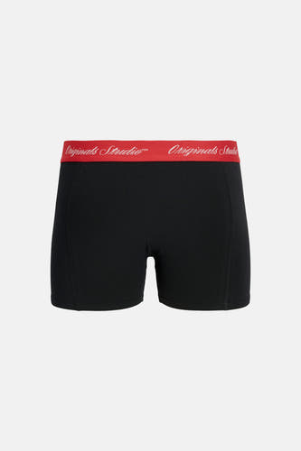 Zwarte boxershort van ACCESSORIES BY JACK & JONES met een rode tailleband en witte 'Originals Studio'-tekst.