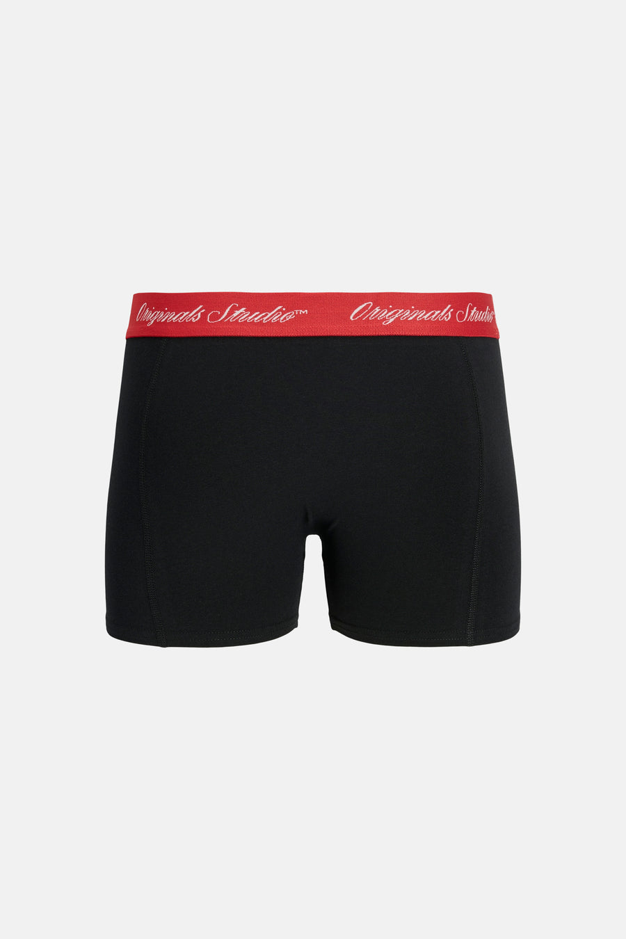 Zwarte boxershort van ACCESSORIES BY JACK & JONES met een rode tailleband en witte 'Originals Studio'-tekst.