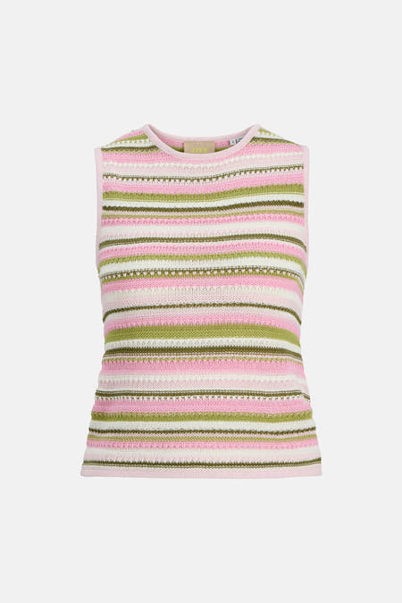 Multicolor gestreepte mouwloze trui van JJXX, met roze, groen en crèmekleurige strepen, ronde hals, gebreide textuur, front view