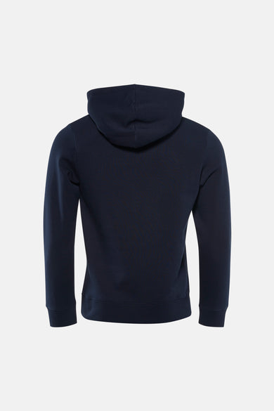 Blauwe sweater met kap van ORIGINALS BY JACK & JONES, achteraanzicht met lange mouwen en zonder details.