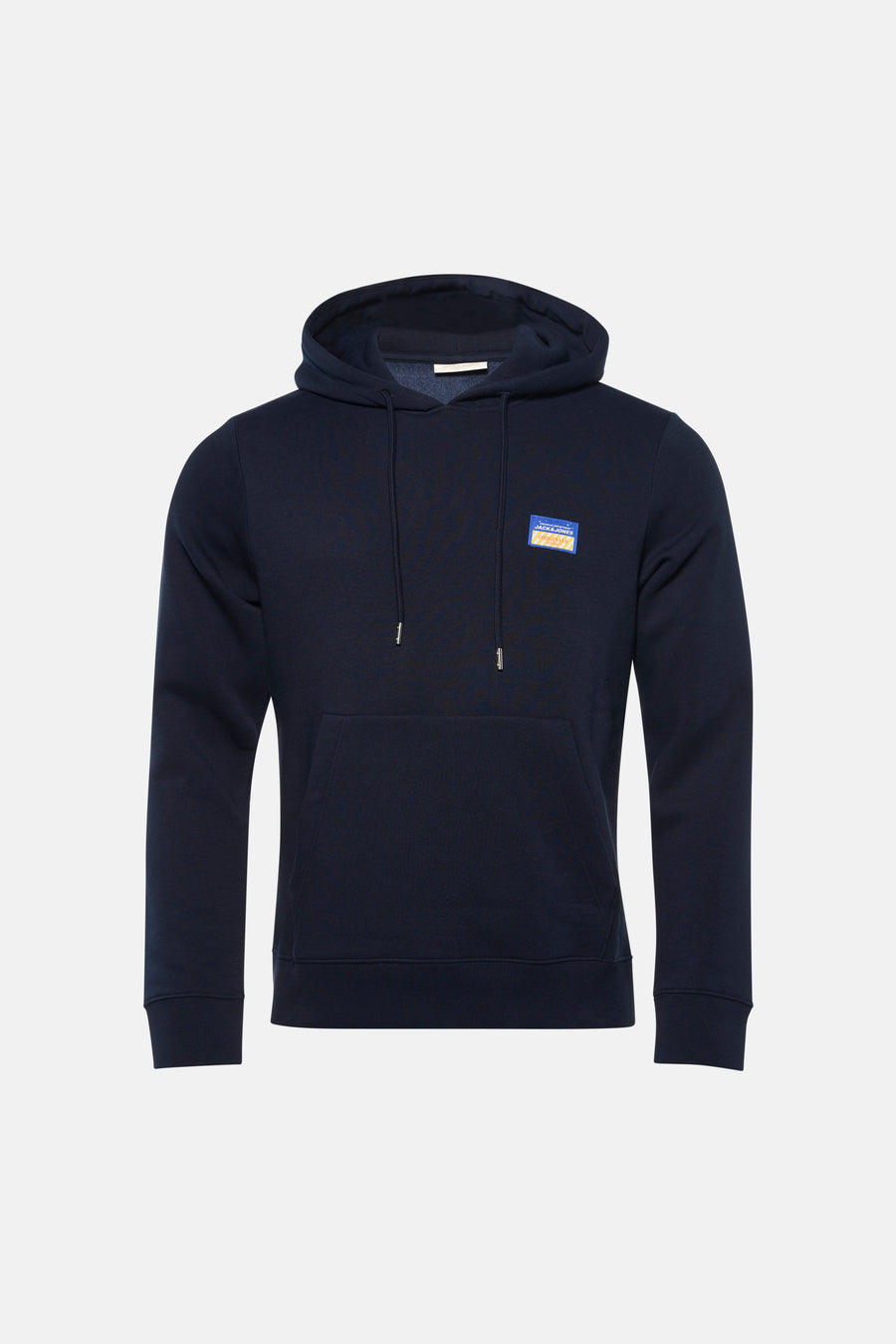 Blauwe sweater met kap van ORIGINALS BY JACK & JONES, met trekkoorden en een klein logo embleem.