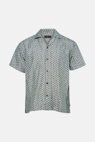 Groen korte mouwen overhemd met witte bladprint van PREMIUM by JACK & JONES, knoopsluiting, open kraag, front view