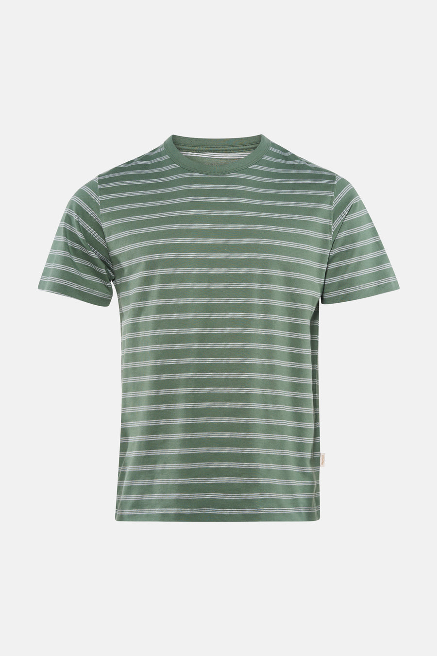 Groene gestreepte korte mouw T-shirt van ORIGINALS BY JACK & JONES, met witte horizontale strepen en ronde hals, front view