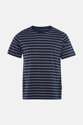 Blauwe gestreepte korte mouw t-shirt van ORIGINALS BY JACK & JONES, met witte stippenstrepen en ronde hals, front view