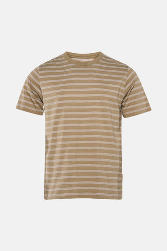 Beige gestreepte korte mouw T-shirt van ORIGINALS BY JACK & JONES, met witte stippenstrepen en ronde hals, front view