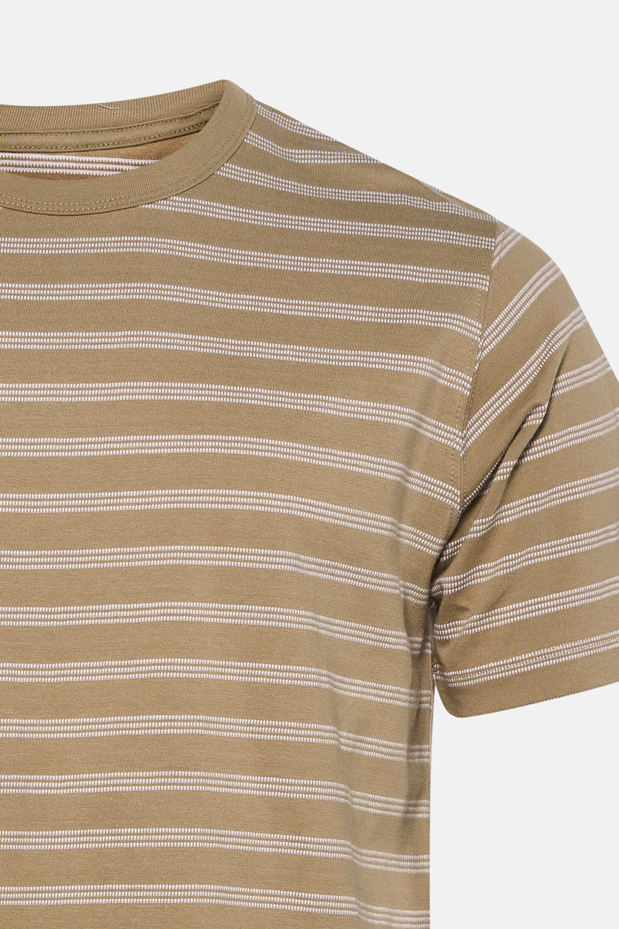Beige T-shirt met witte gestreepte textuur van ORIGINALS BY JACK & JONES, close-up van bovenkant en mouw