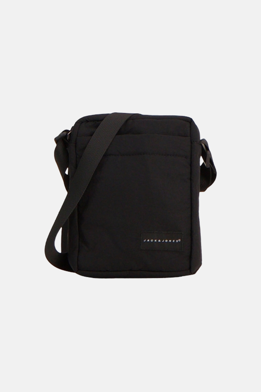 Zwarte schoudertas van JACK & JONES met logo-patch, gewatteerde bovenkant en verstelbare schouderband.