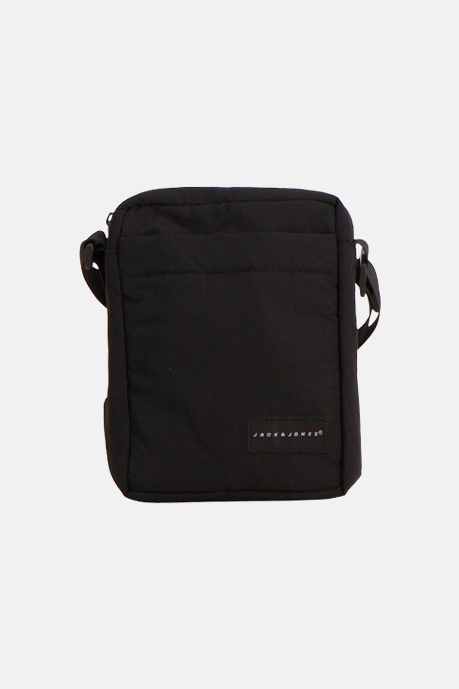 Zwarte schoudertas van ACCESSORIES BY JACK & JONES met voorvak, logo patch en verstelbare riem.