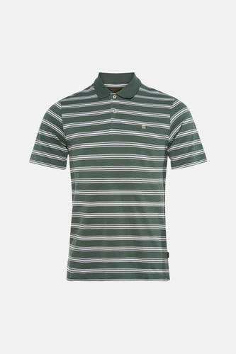 Groene gestreepte polo van PREMIUM by JACK & JONES, met witte horizontale strepen en klein logo op borst, front view