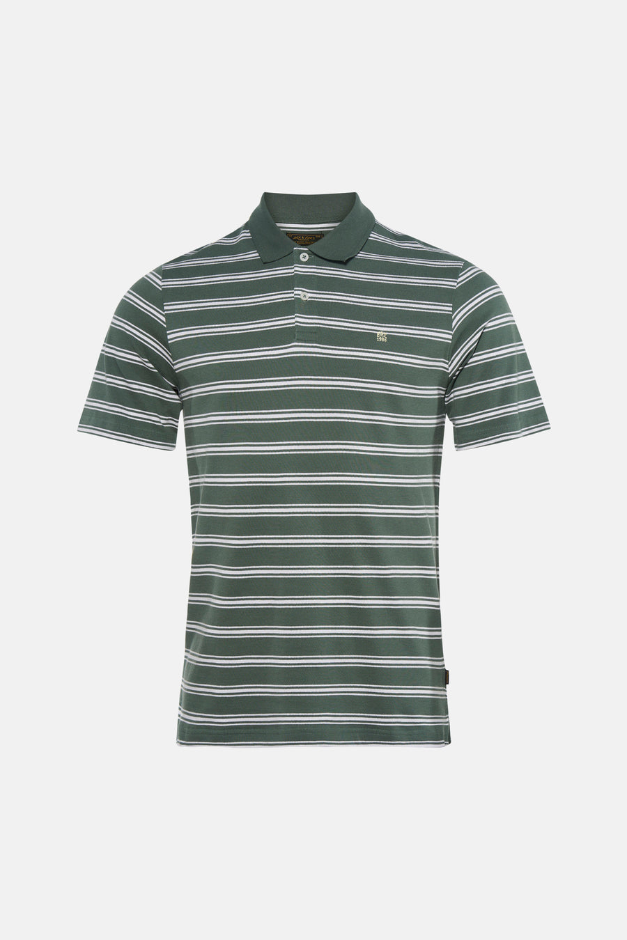 Groene gestreepte polo van PREMIUM by JACK & JONES, met witte horizontale strepen en klein logo op borst, front view