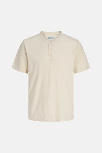 Beige korte mouwen T-shirt met knoopsluiting van PREMIUM by JACK & JONES, ribbelstructuur, front view