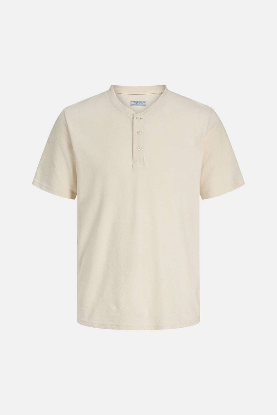 Beige korte mouwen T-shirt met knoopsluiting van PREMIUM by JACK & JONES, ribbelstructuur, front view