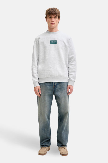 Grijze sweater van CORE BY JACK & JONES, met logo op de borst, gecombineerd met jeans en suède schoenen.