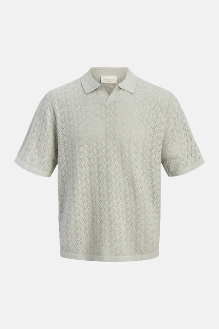 Lichtgroene gebreide polo van ORIGINALS BY JACK & JONES met opengewerkt zigzagpatroon en open kraag.