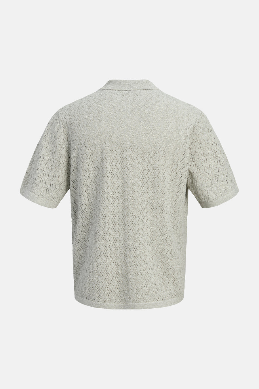 Lichtgroene gebreide polo van ORIGINALS BY JACK & JONES, met open zigzagpatroon en korte mouwen, achterkant.