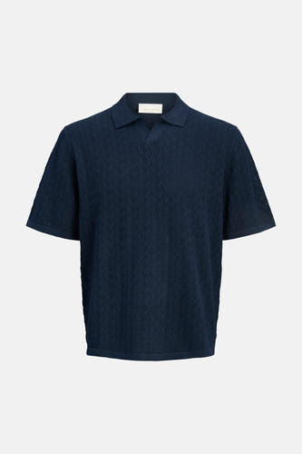 Polo bleu marine Jack & Jones avec motif zigzag tricoté et col ouvert.
