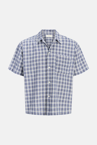 Blauw-wit geruit hemd met korte mouwen van ORIGINALS BY JACK & JONES, met reverskraag en een borstzak.