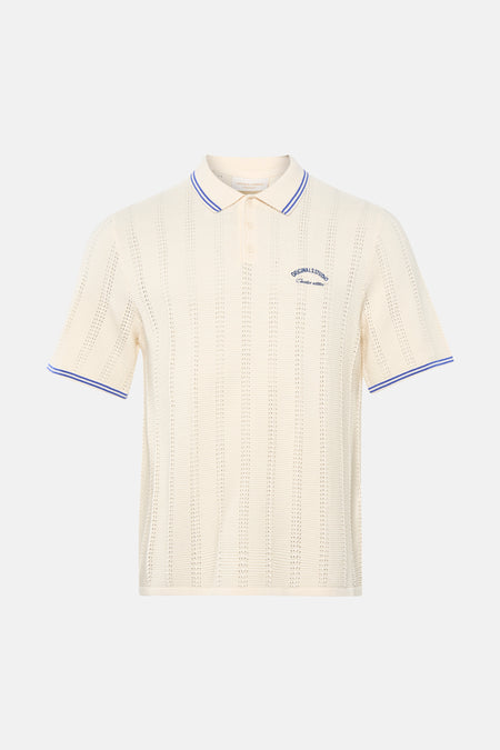 Ecru polo met gestreepte kraag en mouwen van ORIGINALS BY JACK & JONES, fijne textuur, borduursel op borst, front view