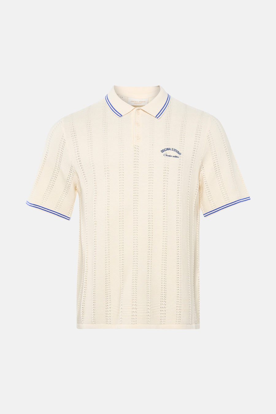 Ecru polo met gestreepte kraag en mouwen van ORIGINALS BY JACK & JONES, fijne textuur, borduursel op borst, front view