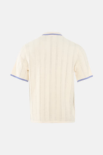 Ecru polo met gestreept textuurpatroon van ORIGINALS BY JACK & JONES, blauwe bies aan kraag en mouwen, achterzijde weergave
