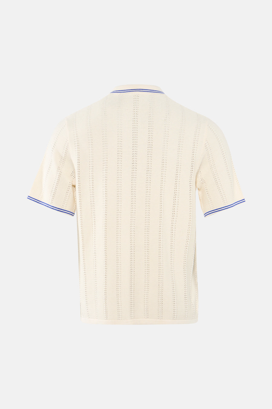 Ecru polo met gestreept textuurpatroon van ORIGINALS BY JACK & JONES, blauwe bies aan kraag en mouwen, achterzijde weergave